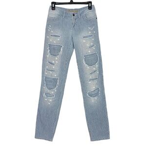 Delias Shane Jeans Womens Size XS 0 Blue Pin Stripe Grunge Distressed Patched